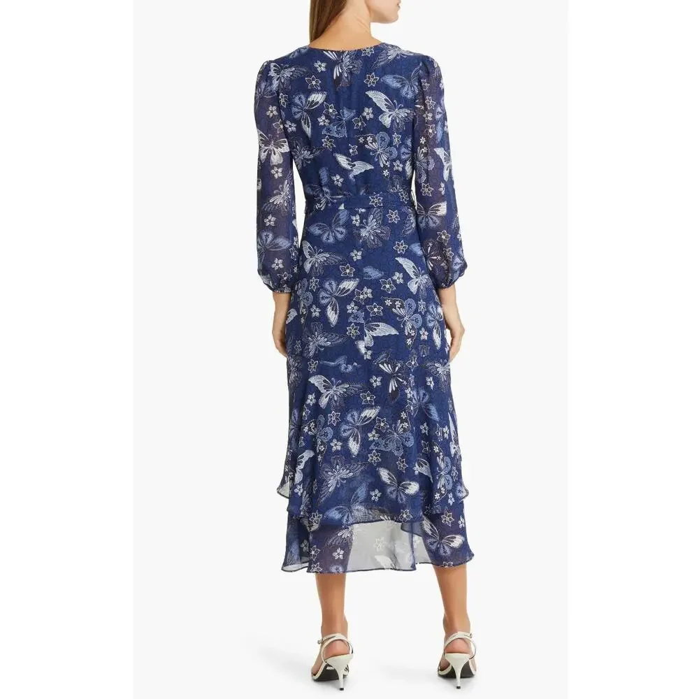 Eliza J Floral Long Sleeve Faux Wrap Midi Dress Blue Butterfly Floral New Size 4 - Picture 2 of 11